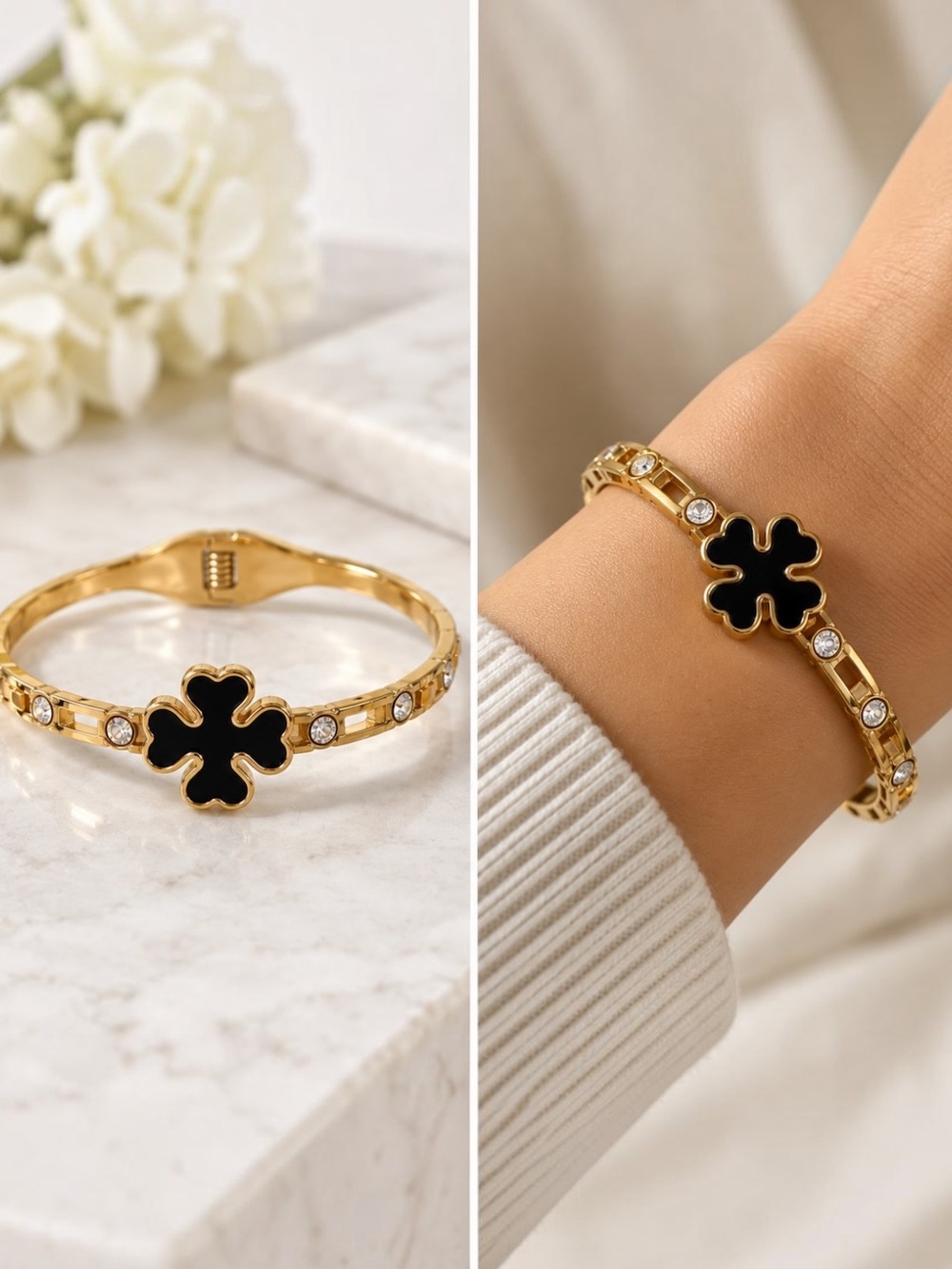 Dainty Gold Stainless Steel Black Enamel Crystal Floral Bangle Y2K
